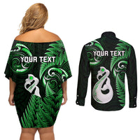 Personalised New Zealand Couples Off Shoulder Short Dress and Long Sleeve Button Shirts Aotearoa Silver Fern With Manaia Maori Unique Green - Wonder Print Shop