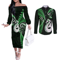 personalised-new-zealand-couples-off-the-shoulder-long-sleeve-dress-and-long-sleeve-button-shirts-aotearoa-silver-fern-with-manaia-maori-unique-green