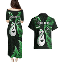 Personalised New Zealand Couples Puletasi Dress and Hawaiian Shirt Aotearoa Silver Fern With Manaia Maori Unique Green - Wonder Print Shop