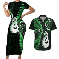 Personalised New Zealand Couples Short Sleeve Bodycon Dress and Hawaiian Shirt Aotearoa Silver Fern With Manaia Maori Unique Green - Wonder Print Shop
