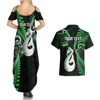 Personalised New Zealand Couples Summer Maxi Dress and Hawaiian Shirt Aotearoa Silver Fern With Manaia Maori Unique Green - Wonder Print Shop