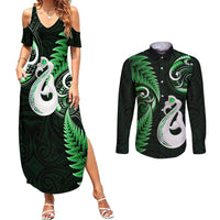 Personalised New Zealand Couples Summer Maxi Dress and Long Sleeve Button Shirts Aotearoa Silver Fern With Manaia Maori Unique Green - Wonder Print Shop