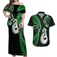 Personalised New Zealand Couples Off Shoulder Maxi Dress and Hawaiian Shirt Aotearoa Silver Fern With Manaia Maori Unique Green - Wonder Print Shop