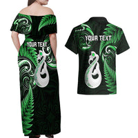 Personalised New Zealand Couples Off Shoulder Maxi Dress and Hawaiian Shirt Aotearoa Silver Fern With Manaia Maori Unique Green - Wonder Print Shop