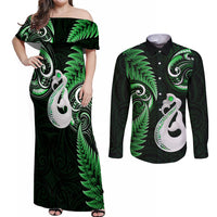 Personalised New Zealand Couples Off Shoulder Maxi Dress and Long Sleeve Button Shirts Aotearoa Silver Fern With Manaia Maori Unique Green - Wonder Print Shop