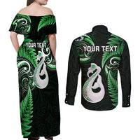Personalised New Zealand Couples Off Shoulder Maxi Dress and Long Sleeve Button Shirts Aotearoa Silver Fern With Manaia Maori Unique Green - Wonder Print Shop