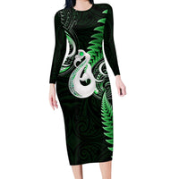 Personalised New Zealand Long Sleeve Bodycon Dress Aotearoa Silver Fern With Manaia Maori Unique Green - Wonder Print Shop