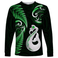 Personalised New Zealand Long Sleeve Shirt Aotearoa Silver Fern With Manaia Maori Unique Green - Wonder Print Shop
