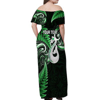 Personalised New Zealand Off Shoulder Maxi Dress Aotearoa Silver Fern With Manaia Maori Unique Green - Wonder Print Shop