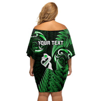 Personalised New Zealand Off Shoulder Short Dress Aotearoa Silver Fern With Manaia Maori Unique Green - Wonder Print Shop