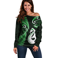 Personalised New Zealand Off Shoulder Sweater Aotearoa Silver Fern With Manaia Maori Unique Green - Wonder Print Shop