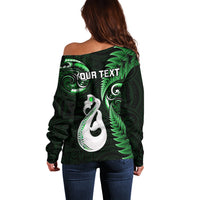 Personalised New Zealand Off Shoulder Sweater Aotearoa Silver Fern With Manaia Maori Unique Green - Wonder Print Shop