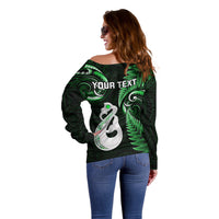 Personalised New Zealand Off Shoulder Sweater Aotearoa Silver Fern With Manaia Maori Unique Green - Wonder Print Shop