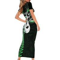 Personalised New Zealand Short Sleeve Bodycon Dress Aotearoa Silver Fern With Manaia Maori Unique Green - Wonder Print Shop