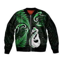 Personalised New Zealand Sleeve Zip Bomber Jacket Aotearoa Silver Fern With Manaia Maori Unique Green - Wonder Print Shop