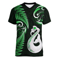 Personalised New Zealand Women V Neck T Shirt Aotearoa Silver Fern With Manaia Maori Unique Green - Wonder Print Shop