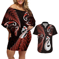 Personalised New Zealand Couples Off Shoulder Short Dress and Hawaiian Shirt Aotearoa Silver Fern With Manaia Maori Unique Red - Wonder Print Shop
