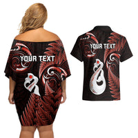 Personalised New Zealand Couples Off Shoulder Short Dress and Hawaiian Shirt Aotearoa Silver Fern With Manaia Maori Unique Red - Wonder Print Shop