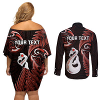 Personalised New Zealand Couples Off Shoulder Short Dress and Long Sleeve Button Shirts Aotearoa Silver Fern With Manaia Maori Unique Red - Wonder Print Shop
