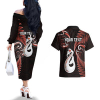 Personalised New Zealand Couples Off The Shoulder Long Sleeve Dress and Hawaiian Shirt Aotearoa Silver Fern With Manaia Maori Unique Red - Wonder Print Shop
