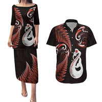 Personalised New Zealand Couples Puletasi Dress and Hawaiian Shirt Aotearoa Silver Fern With Manaia Maori Unique Red - Wonder Print Shop
