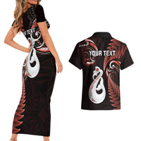 Personalised New Zealand Couples Short Sleeve Bodycon Dress and Hawaiian Shirt Aotearoa Silver Fern With Manaia Maori Unique Red - Wonder Print Shop