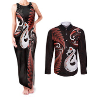 Personalised New Zealand Couples Matching Tank Maxi Dress and Long Sleeve Button Shirts Aotearoa Silver Fern With Manaia Maori Unique Red - Wonder Print Shop