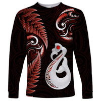 Personalised New Zealand Long Sleeve Shirt Aotearoa Silver Fern With Manaia Maori Unique Red - Wonder Print Shop