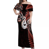 Personalised New Zealand Off Shoulder Maxi Dress Aotearoa Silver Fern With Manaia Maori Unique Red - Wonder Print Shop