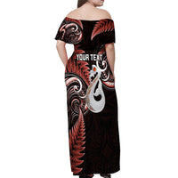 Personalised New Zealand Off Shoulder Maxi Dress Aotearoa Silver Fern With Manaia Maori Unique Red - Wonder Print Shop