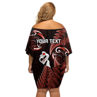 Personalised New Zealand Off Shoulder Short Dress Aotearoa Silver Fern With Manaia Maori Unique Red - Wonder Print Shop