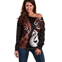 Personalised New Zealand Off Shoulder Sweater Aotearoa Silver Fern With Manaia Maori Unique Red - Wonder Print Shop