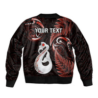 Personalised New Zealand Sleeve Zip Bomber Jacket Aotearoa Silver Fern With Manaia Maori Unique Red - Wonder Print Shop