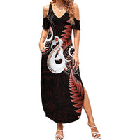 Personalised New Zealand Summer Maxi Dress Aotearoa Silver Fern With Manaia Maori Unique Red - Wonder Print Shop