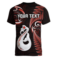 Personalised New Zealand Women V Neck T Shirt Aotearoa Silver Fern With Manaia Maori Unique Red - Wonder Print Shop