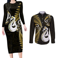 Personalised New Zealand Couples Long Sleeve Bodycon Dress and Long Sleeve Button Shirts Aotearoa Silver Fern With Manaia Maori Unique Gold - Wonder Print Shop