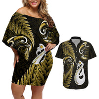 Personalised New Zealand Couples Off Shoulder Short Dress and Hawaiian Shirt Aotearoa Silver Fern With Manaia Maori Unique Gold - Wonder Print Shop