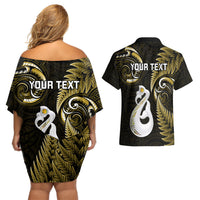 Personalised New Zealand Couples Off Shoulder Short Dress and Hawaiian Shirt Aotearoa Silver Fern With Manaia Maori Unique Gold - Wonder Print Shop