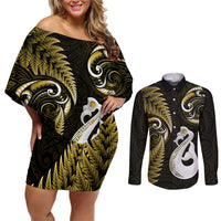 Personalised New Zealand Couples Off Shoulder Short Dress and Long Sleeve Button Shirts Aotearoa Silver Fern With Manaia Maori Unique Gold - Wonder Print Shop