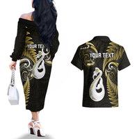 Personalised New Zealand Couples Off The Shoulder Long Sleeve Dress and Hawaiian Shirt Aotearoa Silver Fern With Manaia Maori Unique Gold - Wonder Print Shop