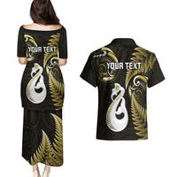 Personalised New Zealand Couples Puletasi Dress and Hawaiian Shirt Aotearoa Silver Fern With Manaia Maori Unique Gold - Wonder Print Shop