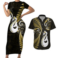 Personalised New Zealand Couples Short Sleeve Bodycon Dress and Hawaiian Shirt Aotearoa Silver Fern With Manaia Maori Unique Gold - Wonder Print Shop