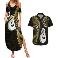 Personalised New Zealand Couples Summer Maxi Dress and Hawaiian Shirt Aotearoa Silver Fern With Manaia Maori Unique Gold - Wonder Print Shop