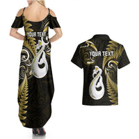 Personalised New Zealand Couples Summer Maxi Dress and Hawaiian Shirt Aotearoa Silver Fern With Manaia Maori Unique Gold - Wonder Print Shop