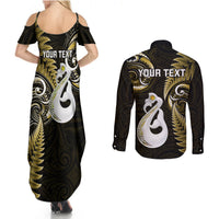 Personalised New Zealand Couples Summer Maxi Dress and Long Sleeve Button Shirts Aotearoa Silver Fern With Manaia Maori Unique Gold - Wonder Print Shop