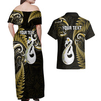 Personalised New Zealand Couples Off Shoulder Maxi Dress and Hawaiian Shirt Aotearoa Silver Fern With Manaia Maori Unique Gold - Wonder Print Shop
