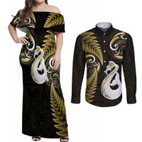 Personalised New Zealand Couples Off Shoulder Maxi Dress and Long Sleeve Button Shirts Aotearoa Silver Fern With Manaia Maori Unique Gold - Wonder Print Shop