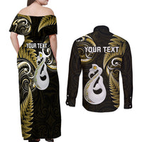Personalised New Zealand Couples Off Shoulder Maxi Dress and Long Sleeve Button Shirts Aotearoa Silver Fern With Manaia Maori Unique Gold - Wonder Print Shop