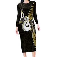 Personalised New Zealand Long Sleeve Bodycon Dress Aotearoa Silver Fern With Manaia Maori Unique Gold - Wonder Print Shop