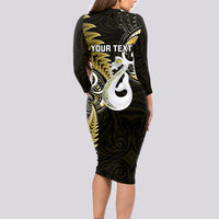 Personalised New Zealand Long Sleeve Bodycon Dress Aotearoa Silver Fern With Manaia Maori Unique Gold - Wonder Print Shop